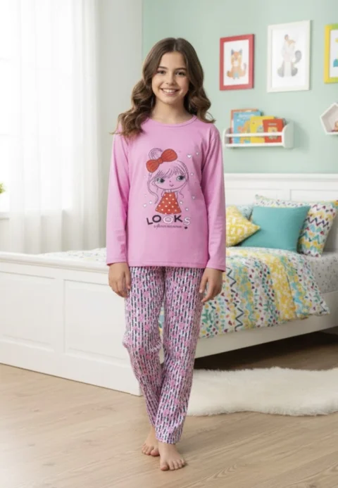 Pijama Fete, Mânecă Lungă, Imprimeu Looks, roz-deschis