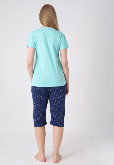 Pijama damă cu model de Paște, verde – tricou bumbac și pantaloni 3/4