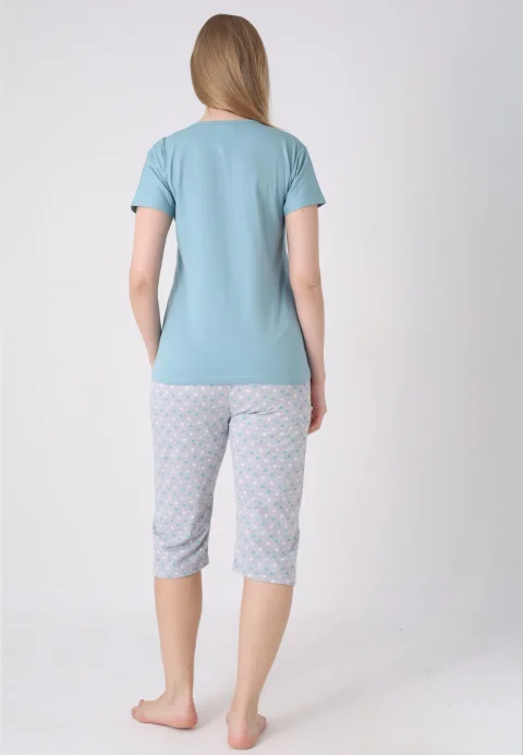 Pijama damă cu model de Paște, gri – tricou bumbac și pantaloni 3/4