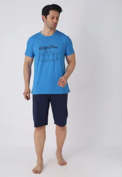 Pijama bărbați Paște, Albastru– tricou bumbac 100% și pantaloni 3/4