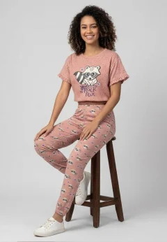 Pijama damă, cu mânecă scurtă  și pantaloni lungi din bumbac, imprimeu ,,You Rock Fox''