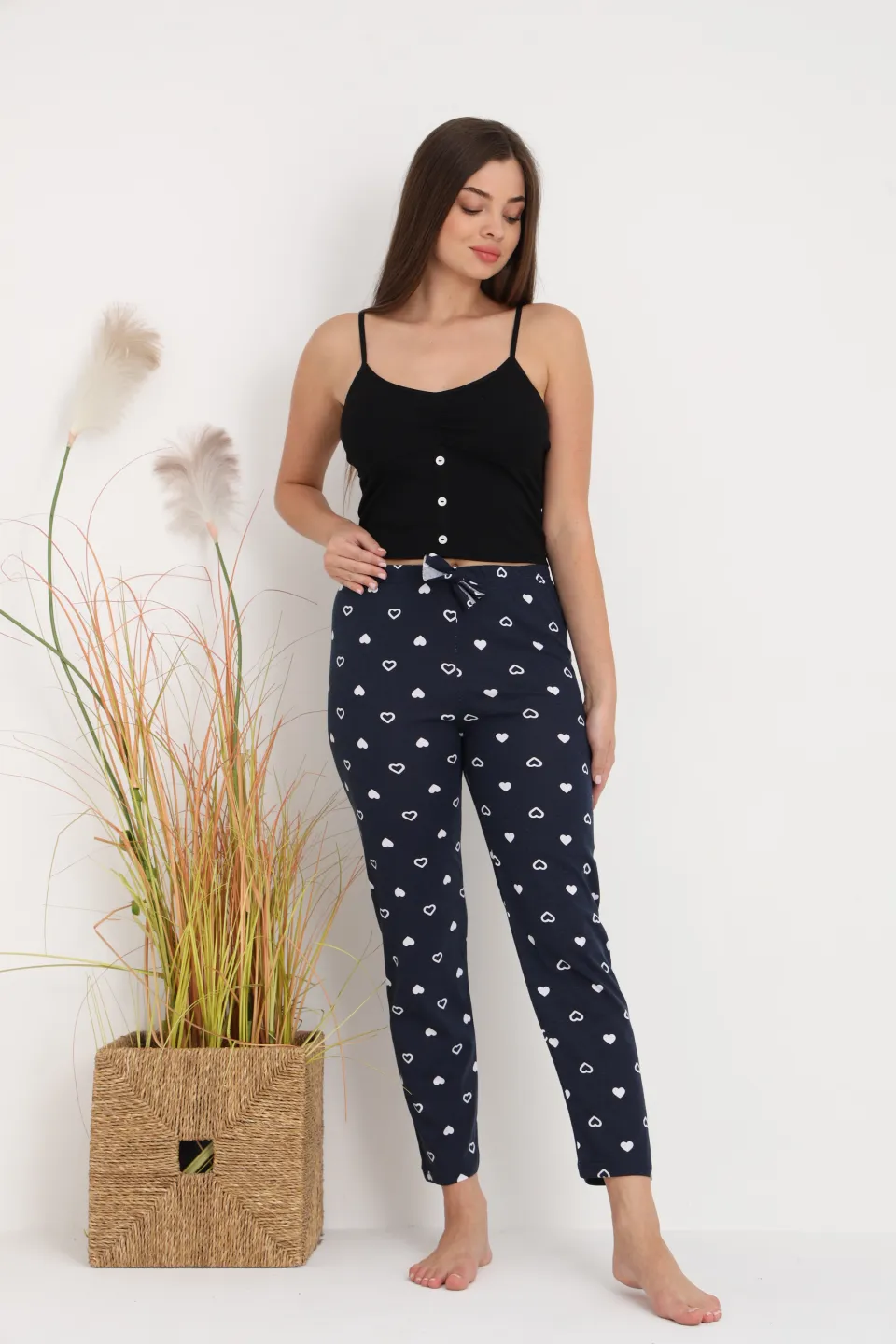 Pantaloni de pijama damă bleumarin cu inimioare albe