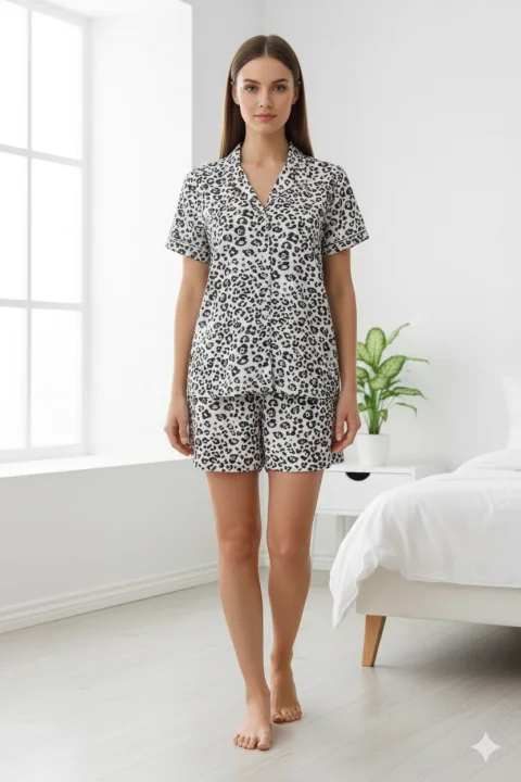 Pijama Dama din Viscoză – Bluza cu Mâneci Scurte și Pantaloni Scurți cu Elastic în Talie, Leopard, alb-negru