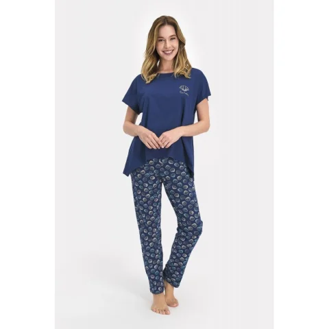 Pijama dama bumbac, bluza maneca scurta cu imprimeu scoici si pantaloni lungi, dark indigo