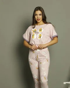 Pijama damă, cu mânecă scurtă  și pantaloni lungi din bumbac, imprimeu Good Night