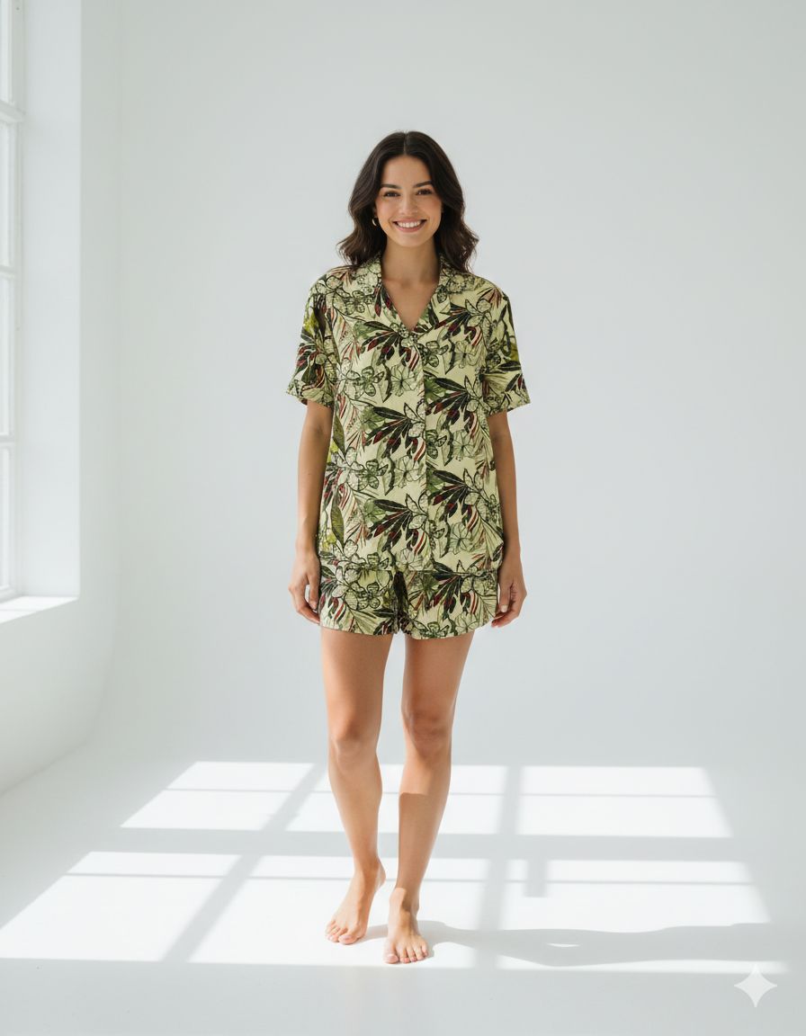 Pijama damă cu bluză cu nasturi, mânecă scurtă și pantaloni scurți, imprimeu floral, verde