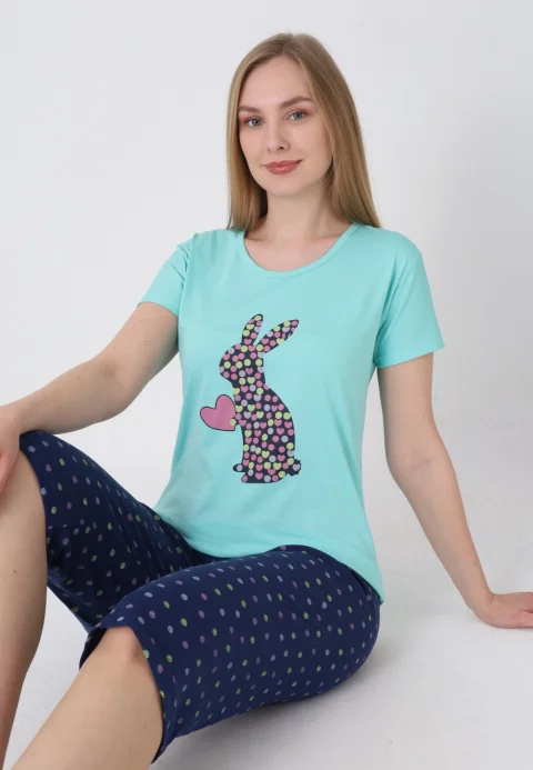 Pijama damă cu model de Paște, verde – tricou bumbac și pantaloni 3/4