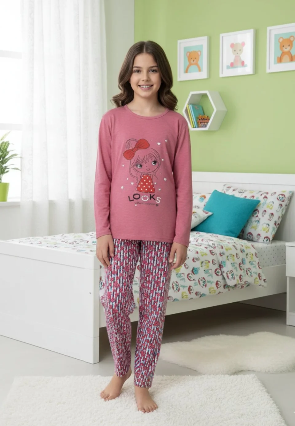 Pijama Fete, Mânecă Lungă, Imprimeu Looks, Roz Închis