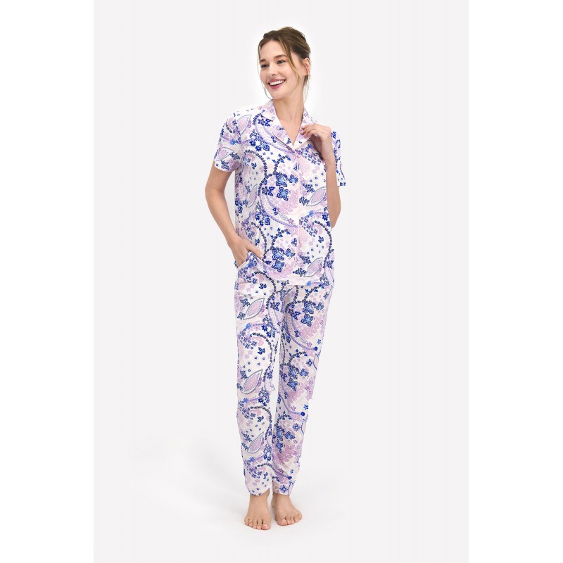 Pijama Dama – Bluza cu Nasturi și Pantaloni Lungi, Imprimeu Floricele