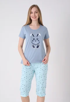 Pijama damă cu model de Paște, gri – tricou bumbac și pantaloni 3/4