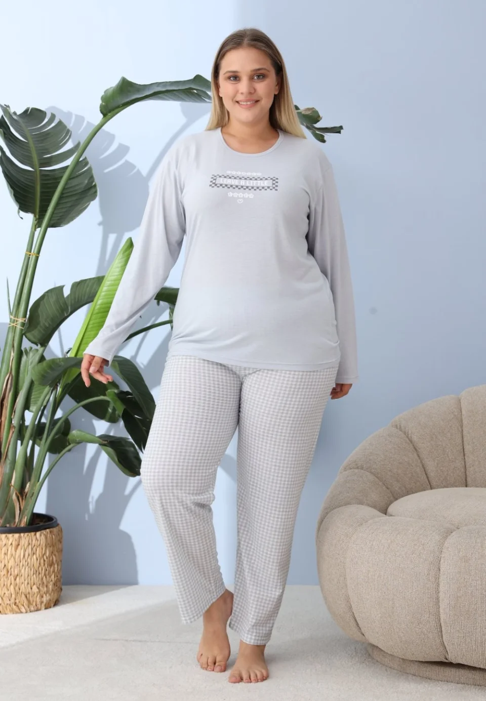 Pijama damă big size albastru deschis, imprimeu Leave a little, 100% bumbac