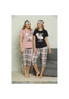 Pijama de Primăvară pentru Dama cu Masca de Dormit, maneca scurta si pantaloni 3/4, Imprimeu Good Morning, Bluemarin