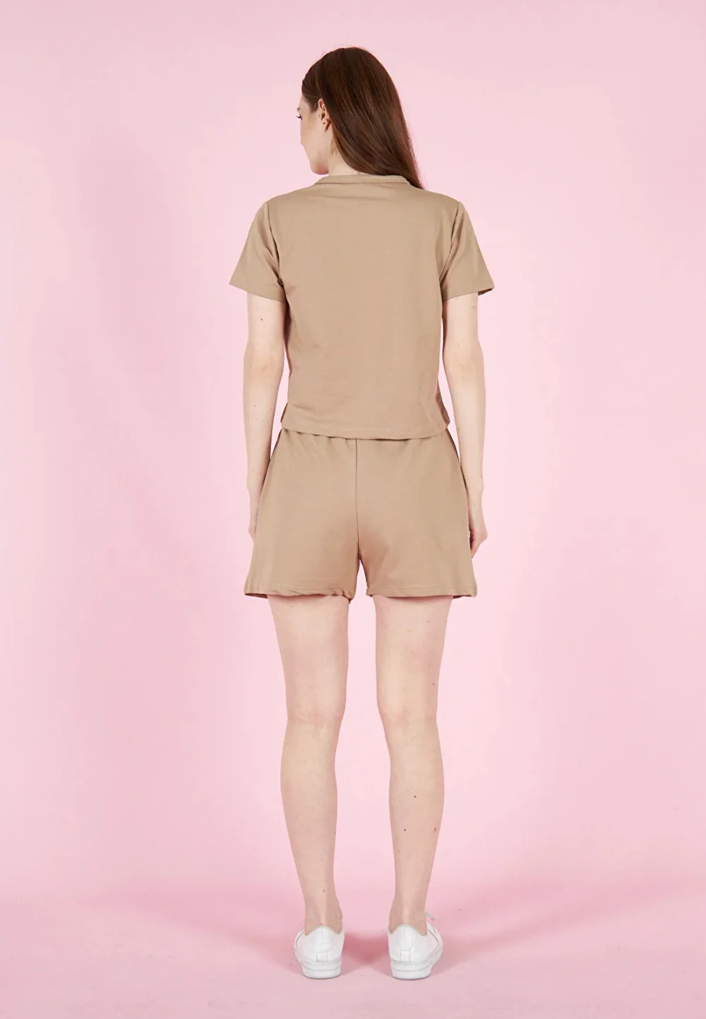 Compleu damă cu tricou și short cu talie elastică, bumbac- culoare latte