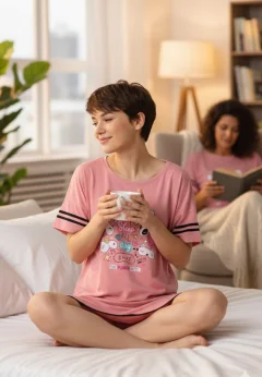 Rochie casual damă cu mânecă scurtă, până la genunchi, imprimeu ,,Sleep'', roz