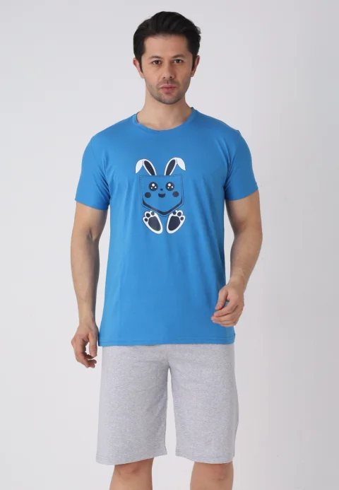 Pijama bărbați Paște, Albastru– tricou bumbac 100% și pantaloni 3/4
