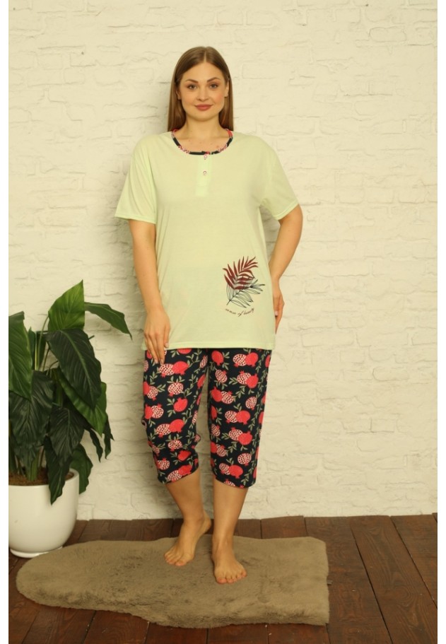 Pijama dama din bumbac, imprimeu ,,Sense Of Beauty'', maneca scurta si pantaloni 3/4, verde