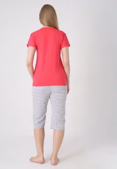 Pijama damă cu model de Paște, roz – tricou bumbac și pantaloni 3/4