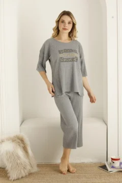 Pijama damă, culoare gri deschis, imprimeu Anything