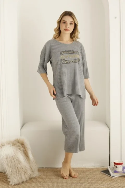 Pijama damă, culoare gri deschis, imprimeu Anything