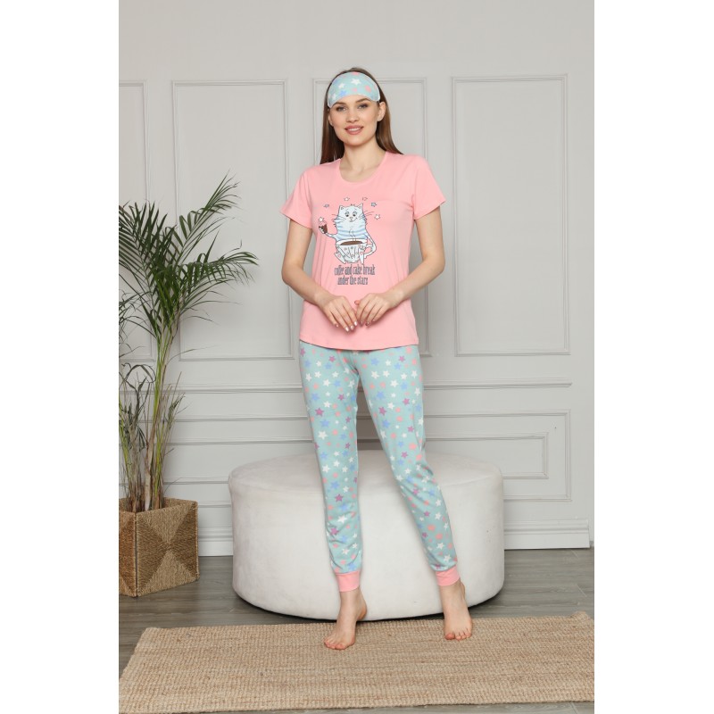 Pijama pentru Dama cu Imprimeu Pisică - Set de Primăvară