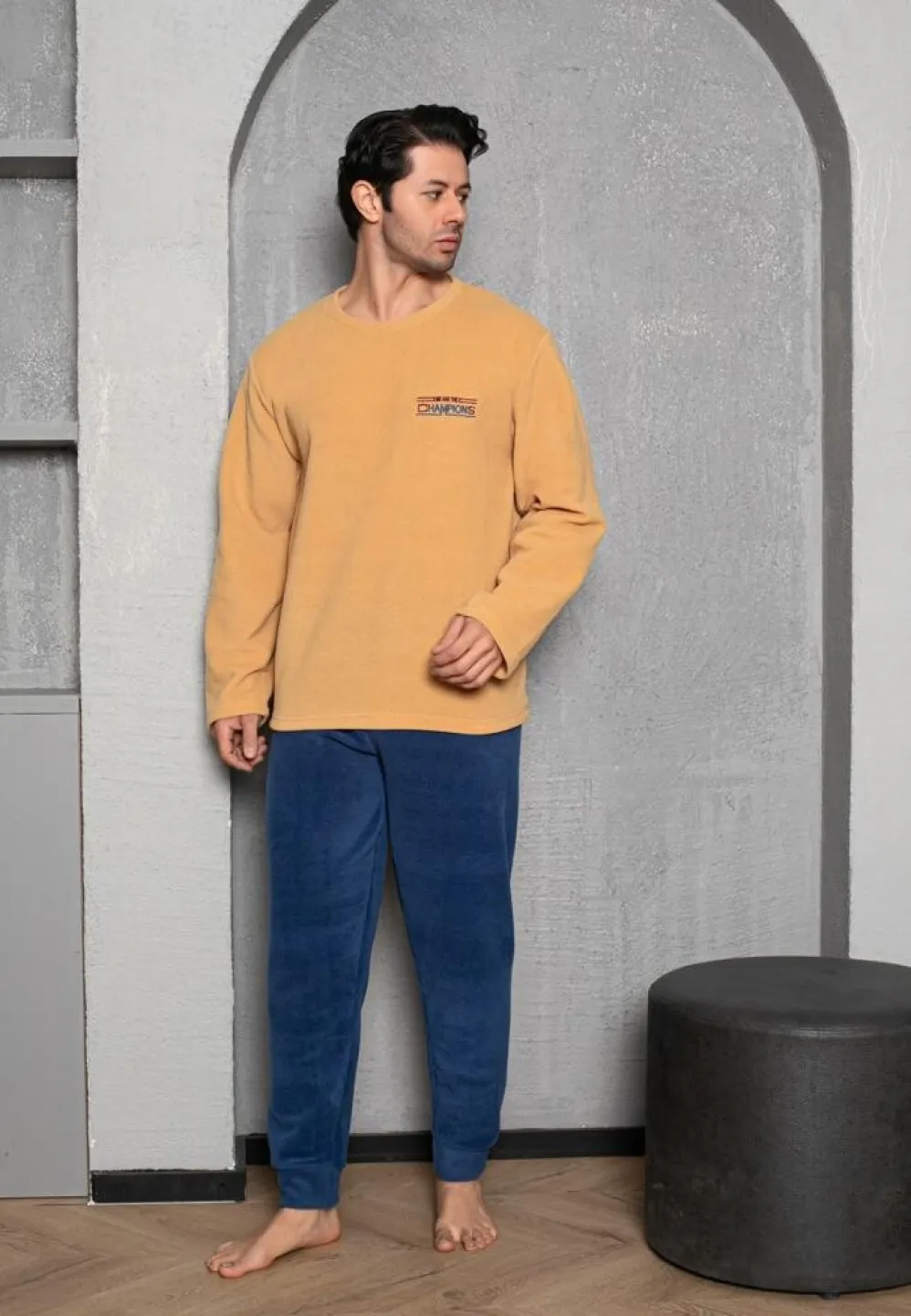 Pijama Bărbat, Galben, Polar, Mâneca Lungă și Pantalon Lung, Champions