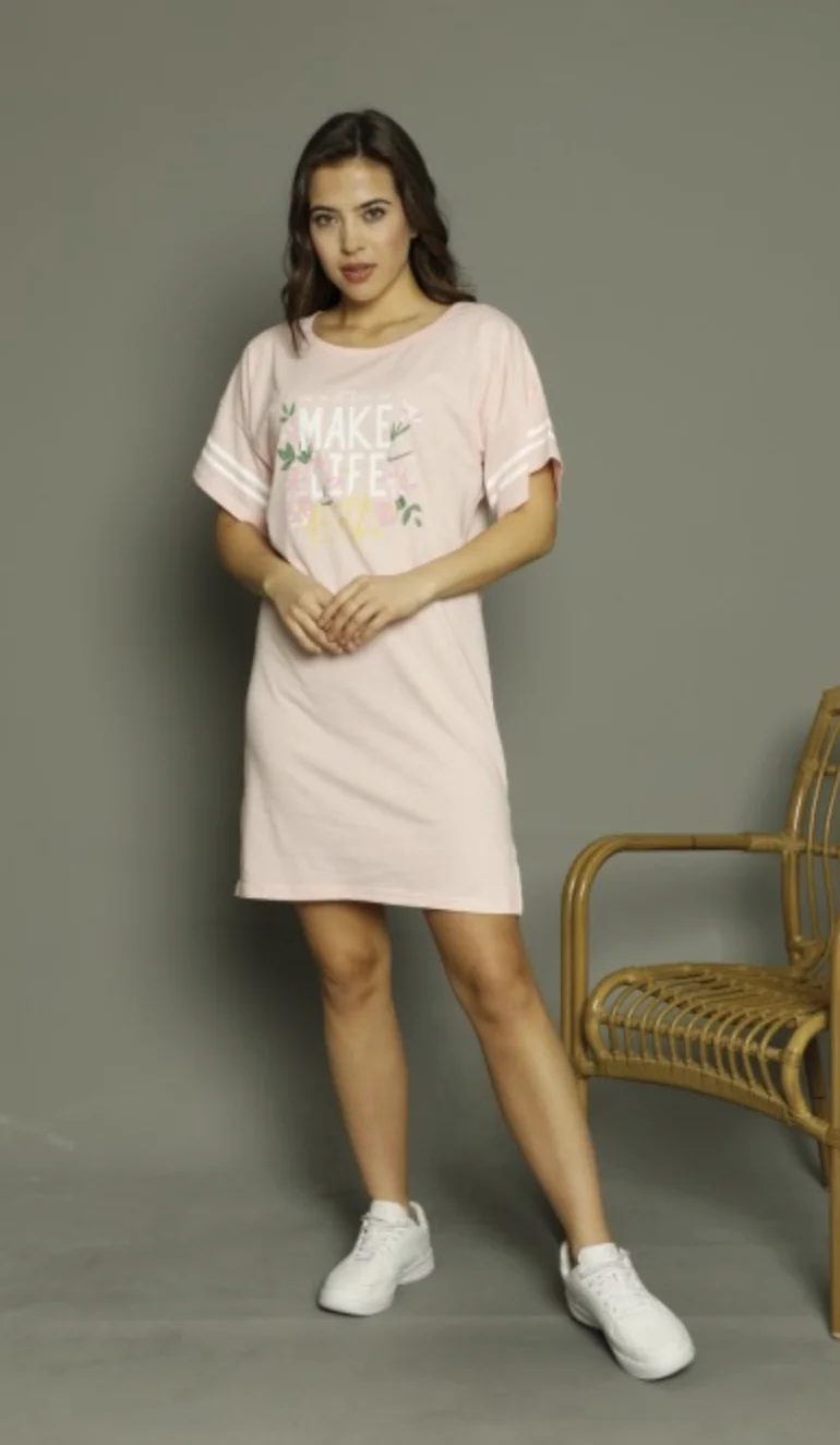 Rochie casual damă cu mânecă scurtă, până la genunchi, imprimeu Make Life, roz