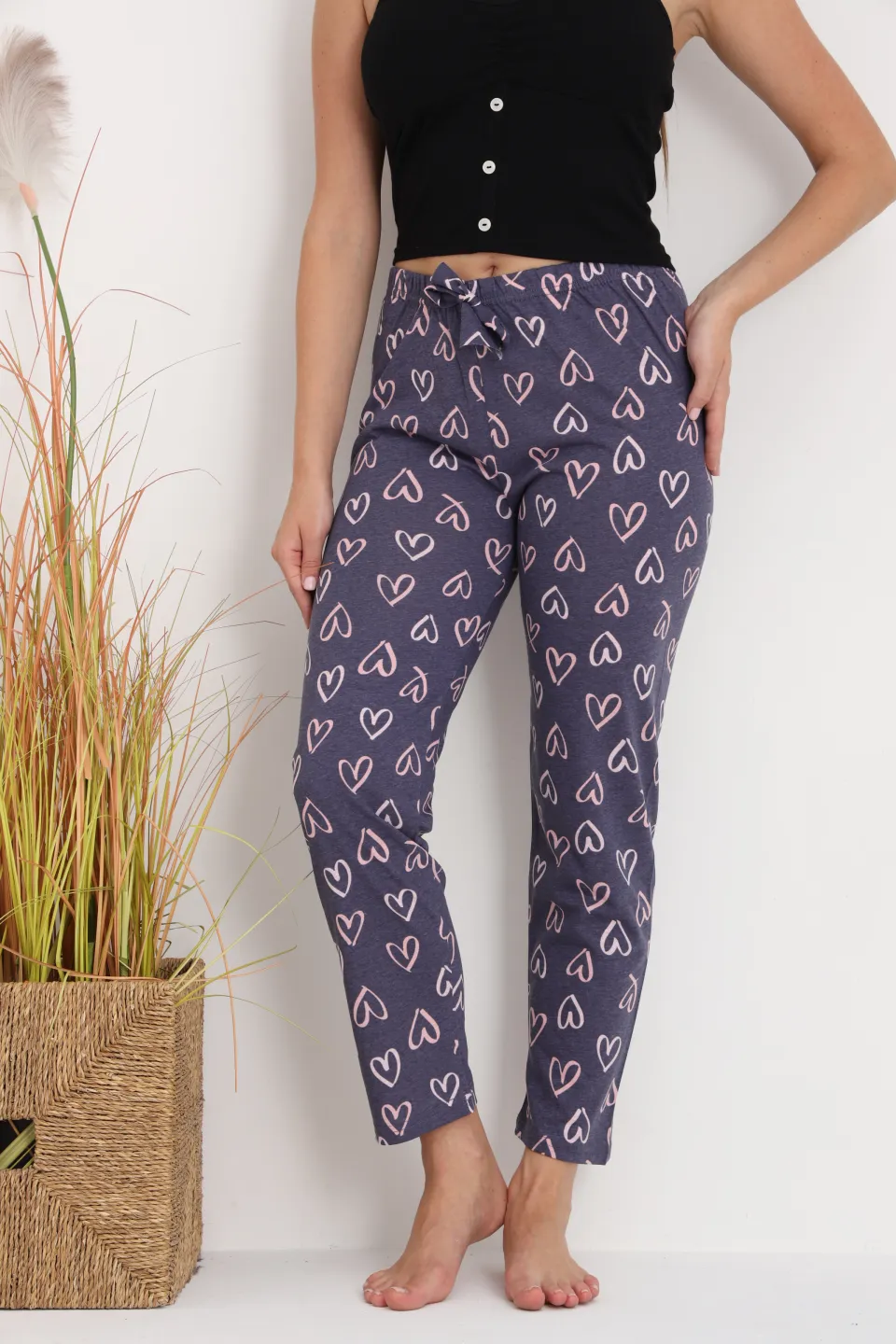 Pantaloni de pijama damă gri închis cu inimioare