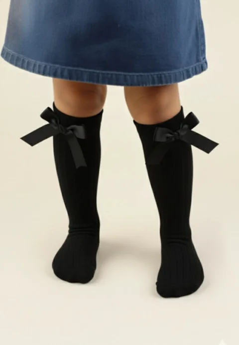 Șosete fetițe 3/4, bumbac, cu fundiță decorativă- culoare negru