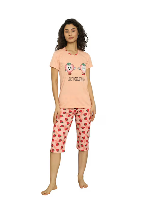 Pijama dama din bumbac, imprimeu capsuni, maneca scurta si pantaloni 3/4, roz