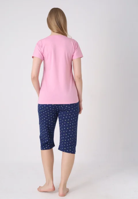 Pijama damă cu model de Paște, roz deschis – tricou bumbac și pantaloni 3/4