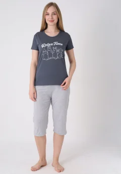 Pijama damă cu model de Paște, gri – tricou bumbac și pantaloni 3/4