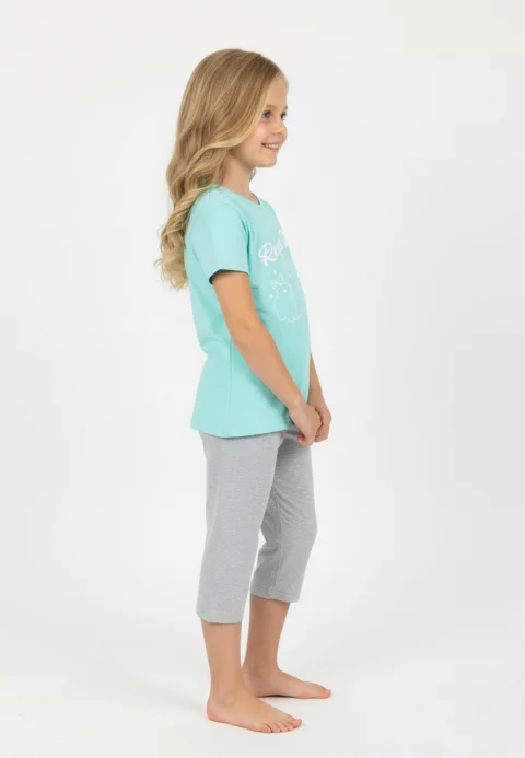 Pijama fete Paște, Verde – tricou bumbac 100% și pantaloni 3/4