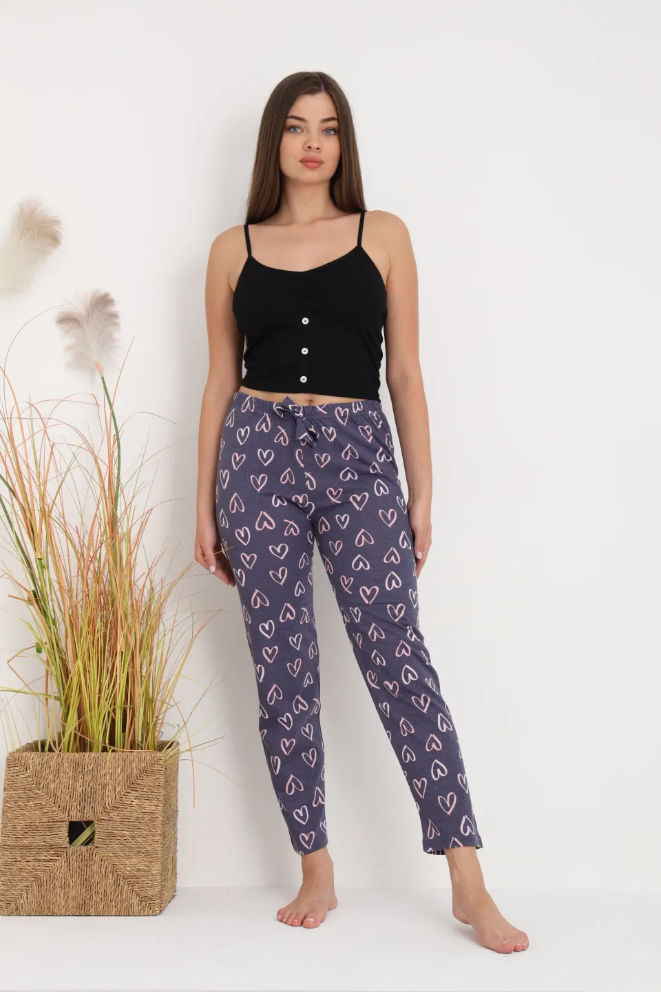 Pantaloni de pijama damă gri închis cu inimioare