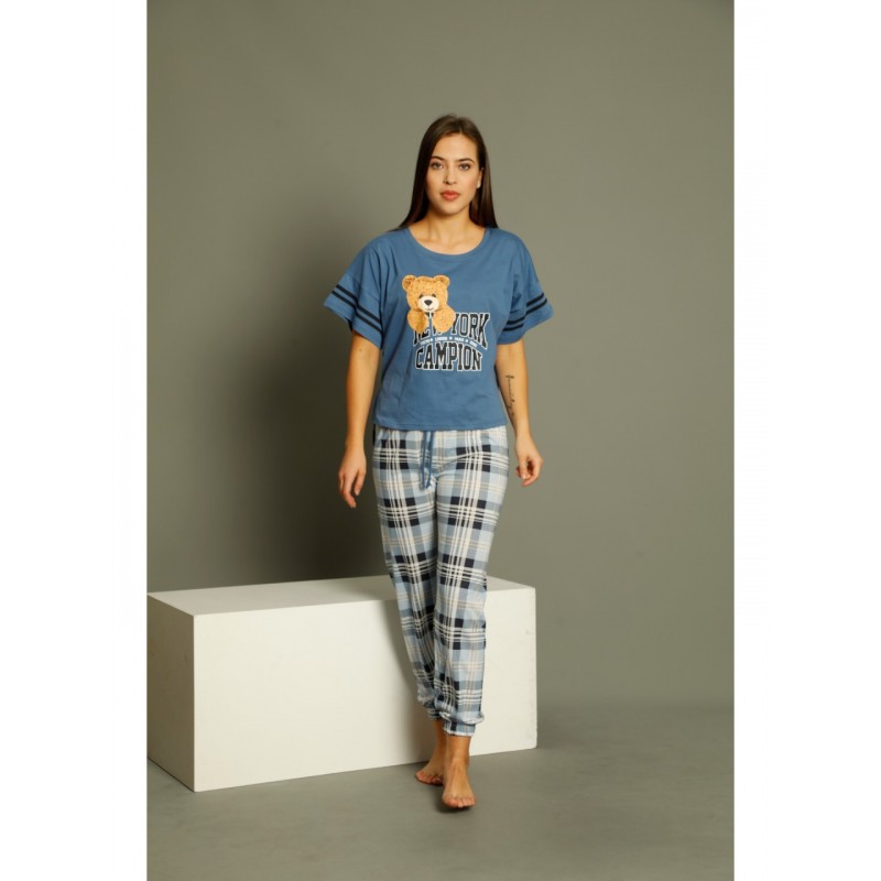 Pijamale Serena , maneca scurta, pantaloni lungi, culoare albastru, imprimeu ursulet