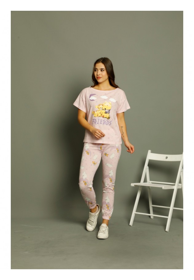 Pijama dama din bumbac Serena cu imprimeu ,,Friends'', maneca scurta si pantaloni lungi