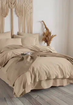 Set Lenjerie de Pat Dublu cu Nasturi din Lemn – Crem