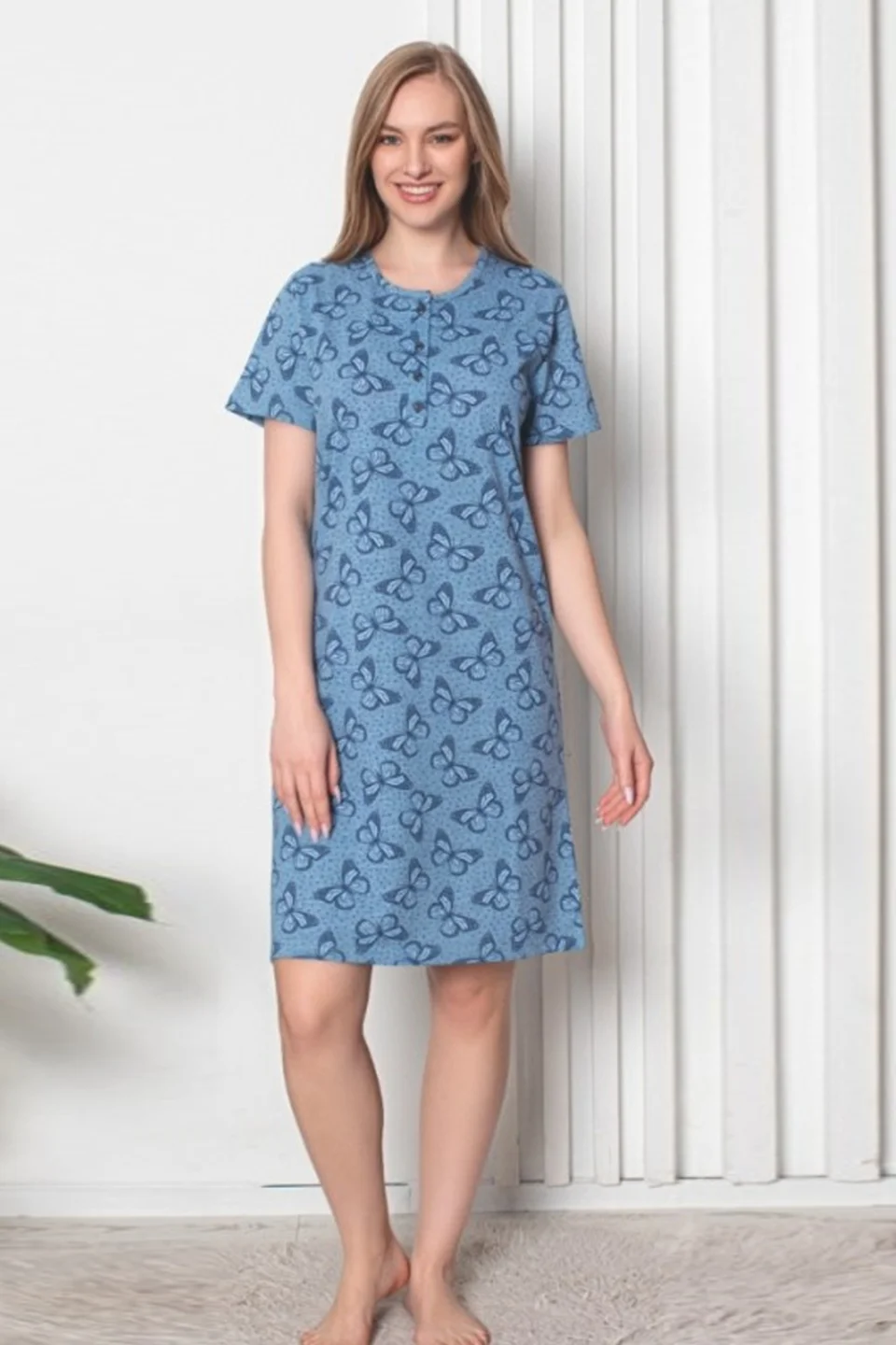 Rochie de casă Serena, culoare albastru, imprimeu fluturi