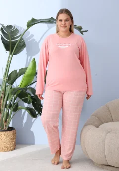 Pijama damă big size roz piersică, imprimeu Happy Saturday, 100% bumbac