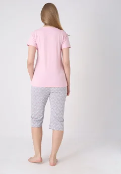 Pijama damă cu model de Paște, roz deschis – tricou bumbac și pantaloni 3/4