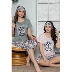 Pijama Dama din Bumbac – Set cu Tricou “Flowers World” și Pantaloni 3/4, Masca de Dormit, Gri