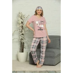 Pijama de Primăvară pentru Dama cu Masca de Dormit, maneca scurta, pantaloni lungi, Imprimeu Good Morning, roz