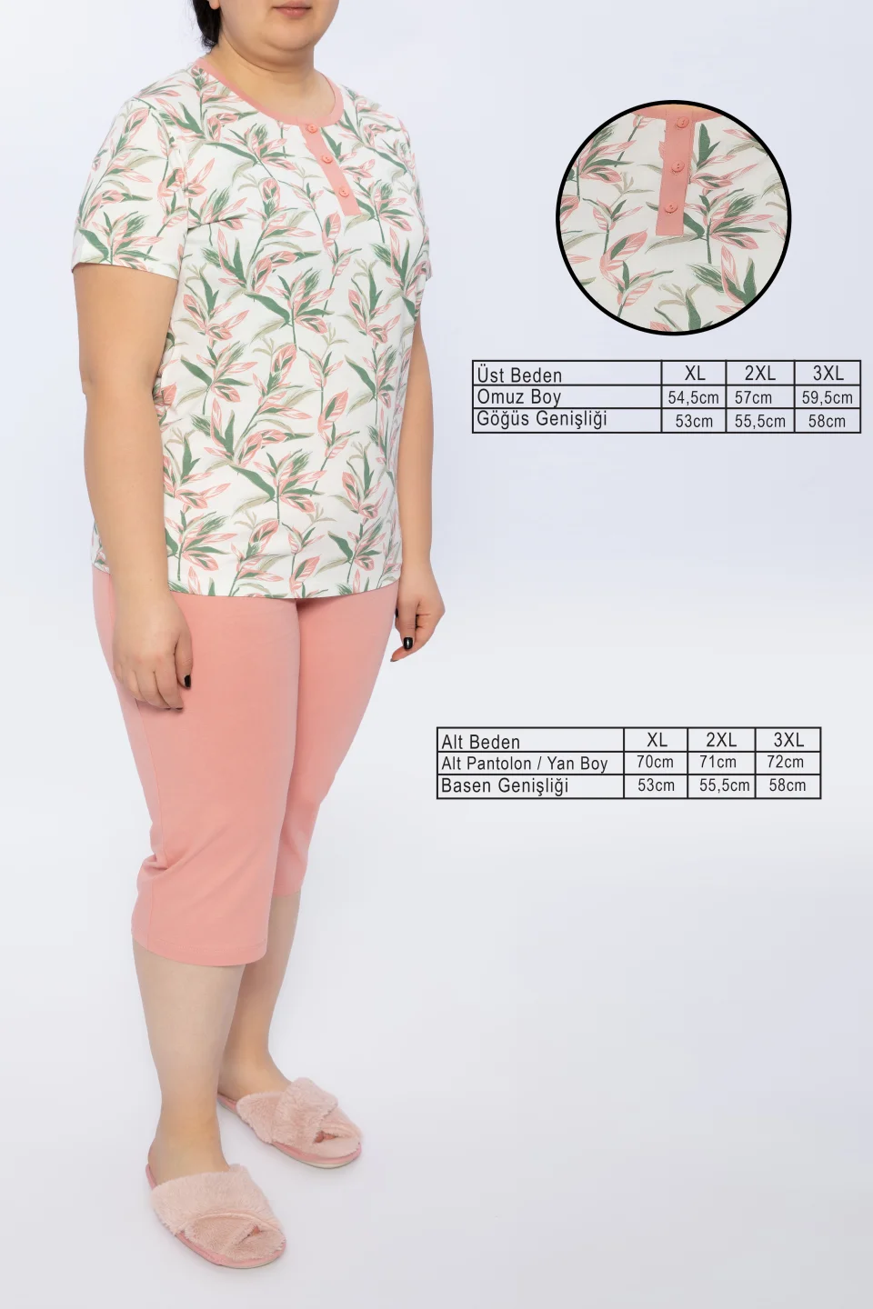 Pijama damă Freenight roz, bumbac, imprimeu frunze, tricou, pantaloni 3/4