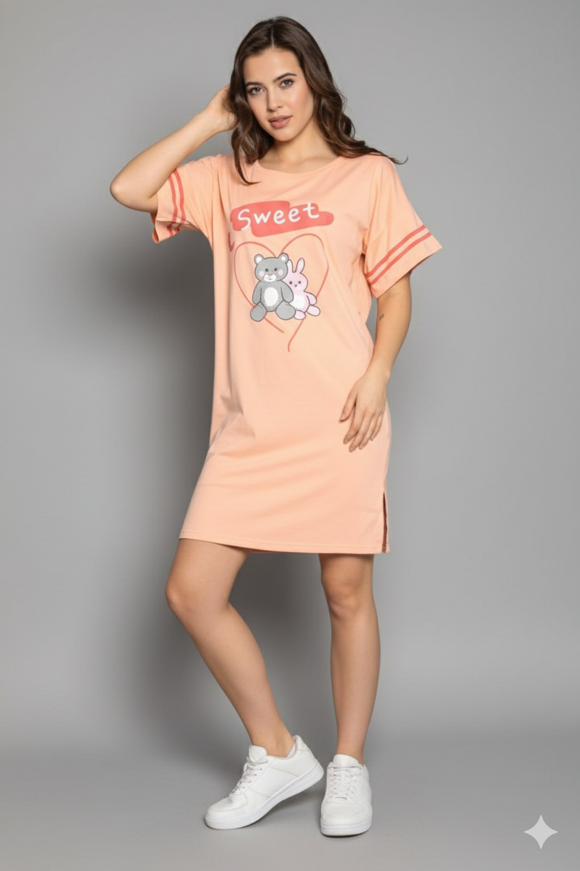 Rochie casual damă cu mânecă scurtă, până la genunchi, imprimeu Sweet, portocaliu