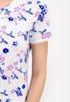 Rochie damă cu mânecă scurtă și aplicație din dantelă, cu imprimeu floral și lungime 3/4