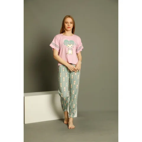 Pijamale Serena , maneca scurta, pantaloni lungi, culoare roz, imprimeu Bestie