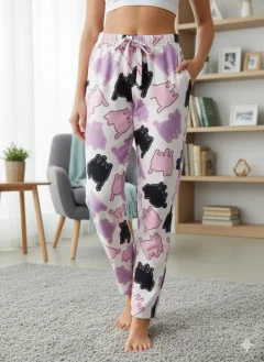 Pantaloni Pijamale Damă – Roz Pal Pufos cu Pisicuțe Colorate