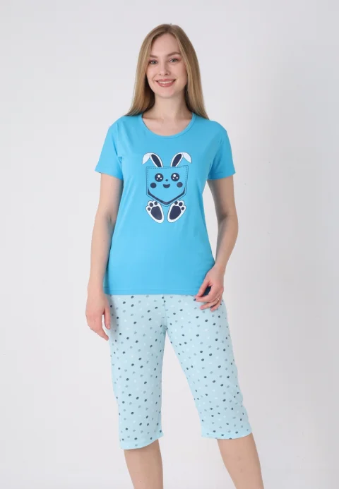 Pijama damă cu model de Paște, albastru deschis – tricou bumbac și pantaloni 3/4