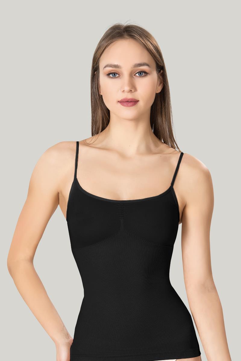 Maiou dama modelator in talie cu bretele subtiri, material moale, culoare negru