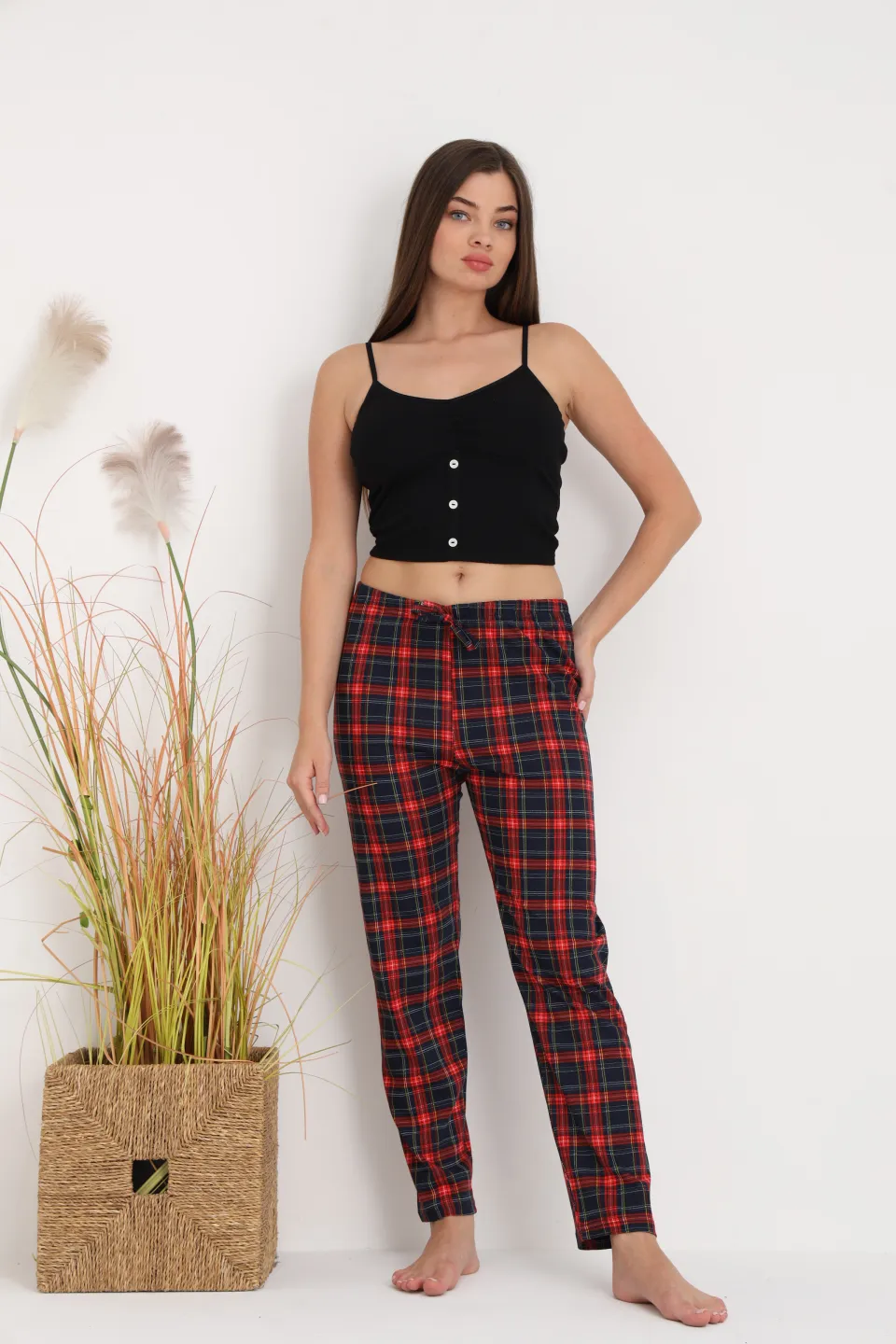 Pantaloni de pijama damă cu carouri roșii