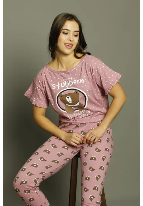 Pijama dama din bumbac Serena cu imprimeu ursulet, maneca scurta si pantaloni lungi